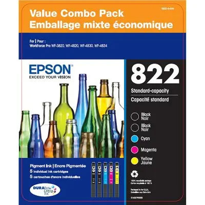 Epson T822 DURABrite Ultra Standard Capacity Ink Cartridge Value Club pack 2 Black, 1 Cyan/1 Magenta/1 Yellow
