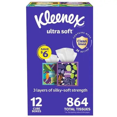 Kleenex Ultra Soft Hypoallergenic 3-Ply Facial Tissues 12 Cube Boxes, 72 tissues/box
