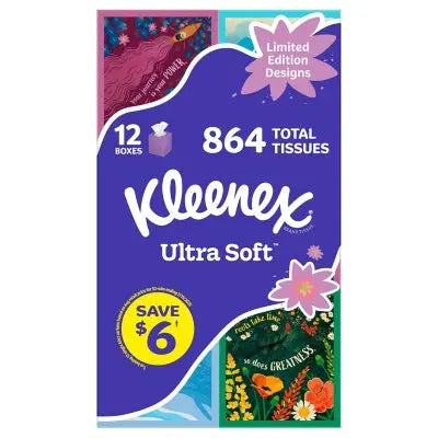 Kleenex Ultra Soft Hypoallergenic 3-Ply Facial Tissues 12 Cube Boxes, 72 tissues/box