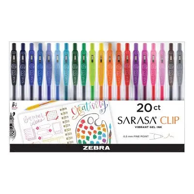 Zebra Pen Sarasa Clip Gel Retractable Pens, Fine Point 0.5mm, Assorted Colors 20-Pack