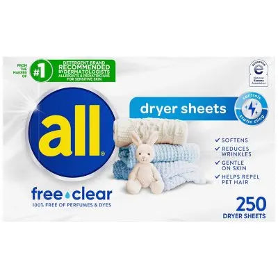 all Fabric Softener Dryer Sheets, Free Clear 250CT