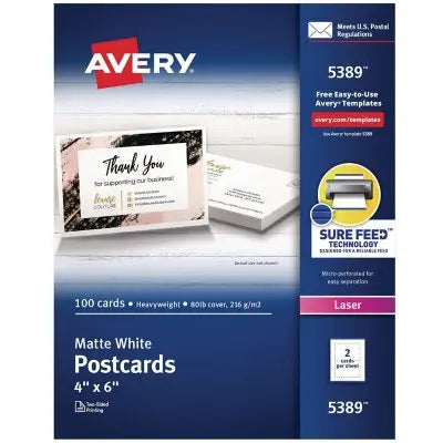 Avery Postkarten für Laserdrucker, 10 x 15 cm, ungestrichen weiß, 2 pro Blatt, 100 pro Box