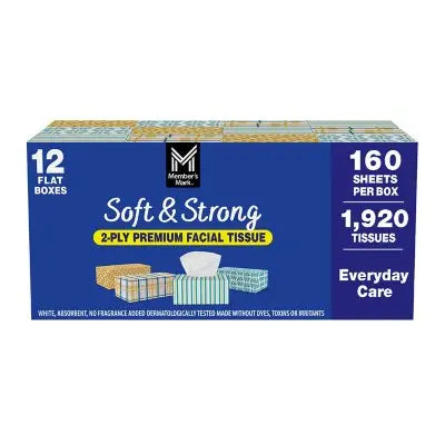 Memberâ€™s Mark Soft & Strong 2-Ply Premium Facial Tissues 12 Flat Boxes, 160 tissues/box