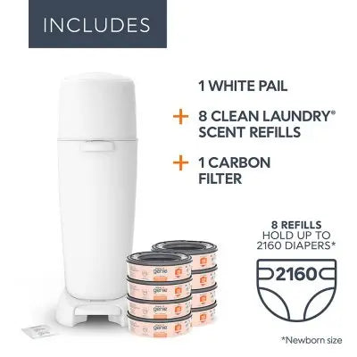Diaper Genie Complete Gift Set Diaper Pail, 8 Refill Bags, 1 Carbon Filter, 1 Year Supply