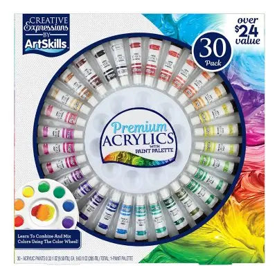 طقم دهانات أكريليك ممتاز من ArtSkills مكون من 30 قطعة مع لوحة ألوان
