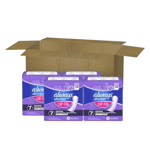 Always Discreet Adult Incontinence Pads for Women, Ultimate Extra Absorbency, Long Length, Postpartum Pads, 104 Count (4 Packs of 26)