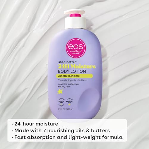 eos Shea Better Body Lotion Vanilla Cashmere, 24-Hour Moisture Skin Care, Lightweight & Non-Greasy, Natural Shea, Vegan, Vanilla Body Lotion, 16 fl oz