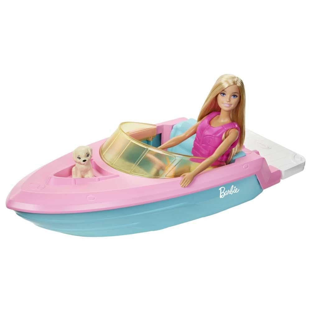 Barbie Doll & Toy Boat Playset with Pet Puppy, Life Vest & Beverage Accessories, Fits 3 Dolls & Floats in Water