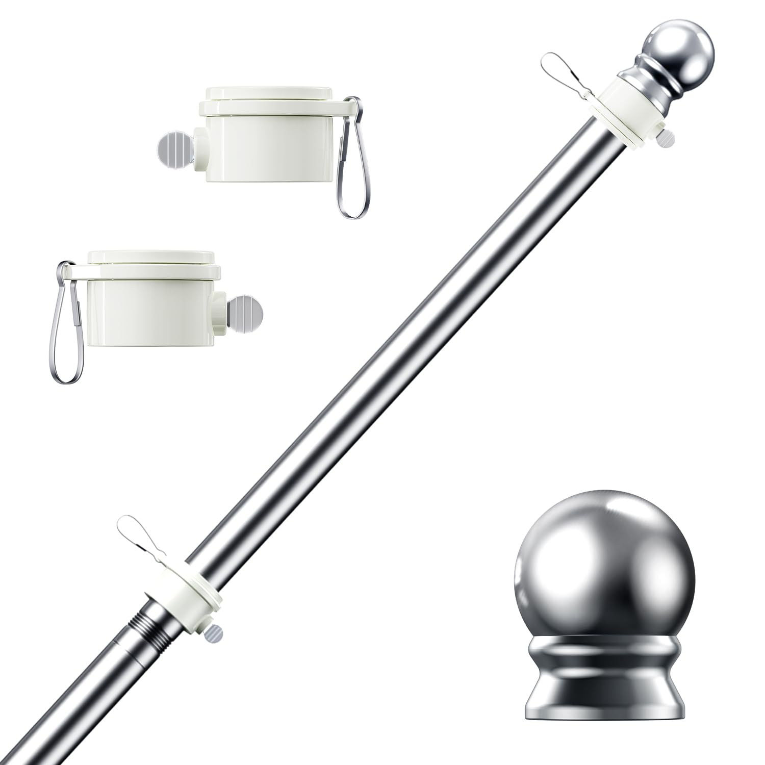 PHITRIC Flag Pole, Tangle Free Spinning Stainless Steel Rustproof Flagpole for 3x5 Sports Fan Outdoor Flags for Outside House (Silver, 5FT, Without Bracket)