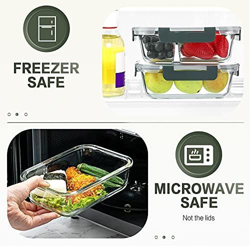 KOMUEE 10 Packs 30 oz Glass Meal Prep Containers,Glass Food Storage Containers with Lids,Airtight Lunch Bento Boxes,Microwave,Freezer and Dishwasher,Gray