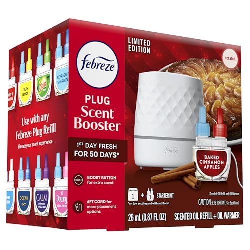Febreze Plug Scent Booster Starter Kit, Oil Diffuser, Air Freshener Plug in, Continuous Scent, 2 Devices + 2 Baked Cinnamon Apple Refill