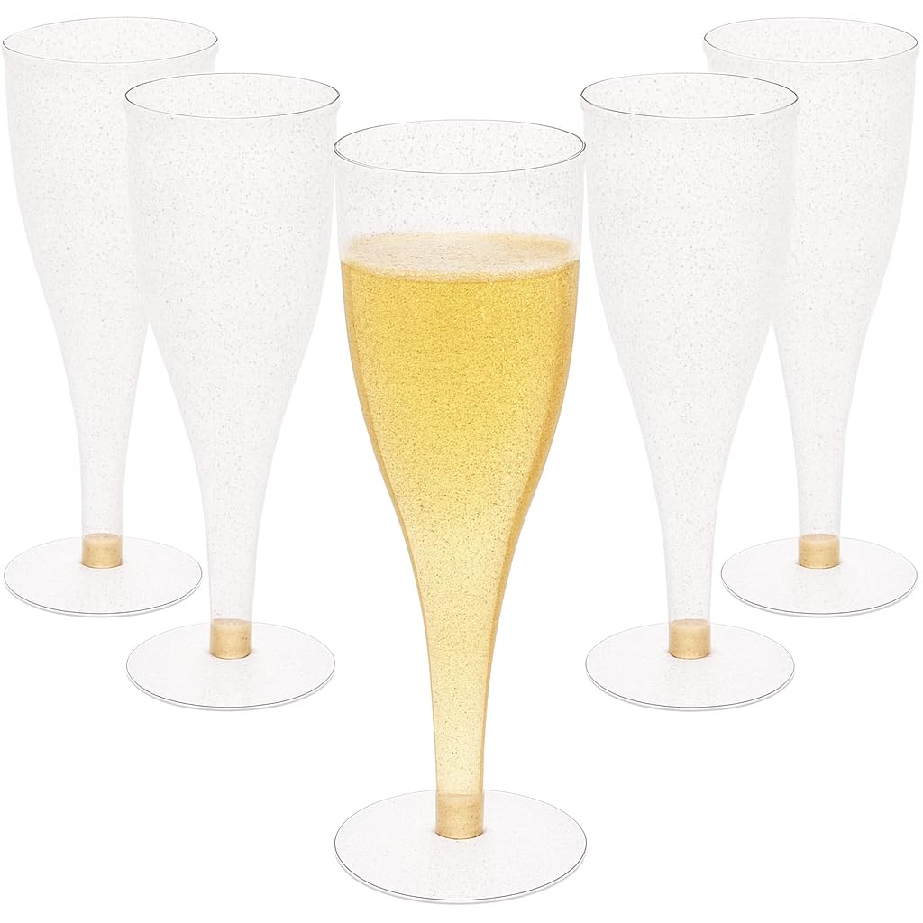 30 Disposable Champagne Flutes - 4.5 oz Gold Glitter Plastic Cups for Parties - Elegant Toasting Glasses - Perfect for Weddings, Engagements, Mimosa Bars, Thanksgiving, Christmas, New Year’s Eve