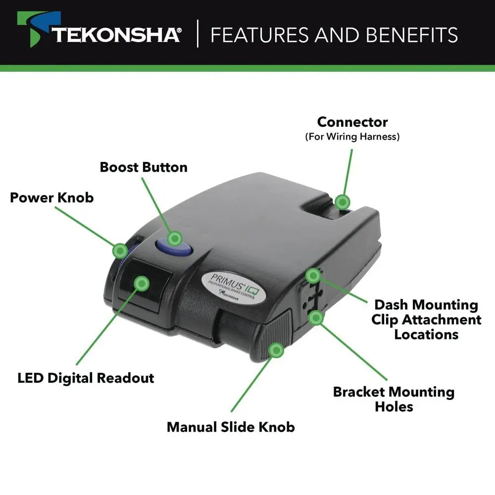 Tekonsha 90160 Primus IQ, Proportional Brake Controller for Trailers with 1-3 Axles, compatible with Ford, GM, Chevy, Dodge, RAM, Toyota, Jeep. Wiring Harness Sold Separately.