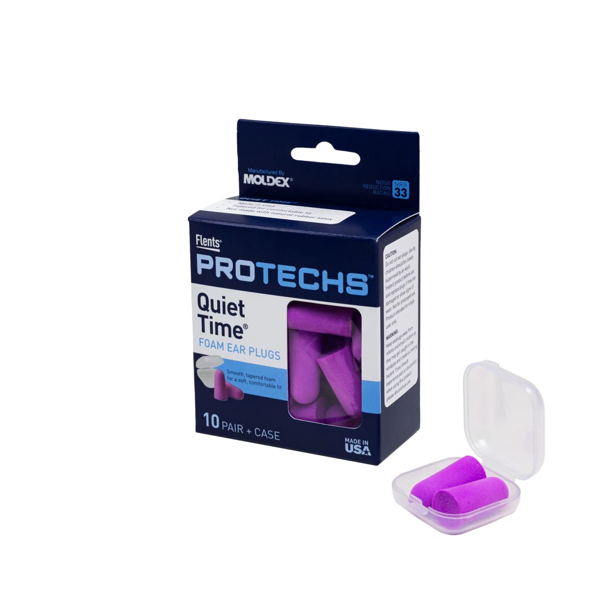 Flents Protechs Foam Ear Plugs, 10 Pair with Case for Sleeping, Snoring, Loud Noise, Traveling, Concerts, Construction, Studying, Work, Shooting, NRR 33, Purple, Disposable, Made in the USA