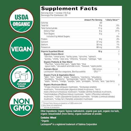 COUNTRY FARMS Super Greens Natural Flavor, 50 Organic Super Foods, USDA Organic Drink Mix, Fruits, Vegetables, Super Greens, Mushrooms & Probiotics, Supports Energy, 20 Servings, 10.6 Oz