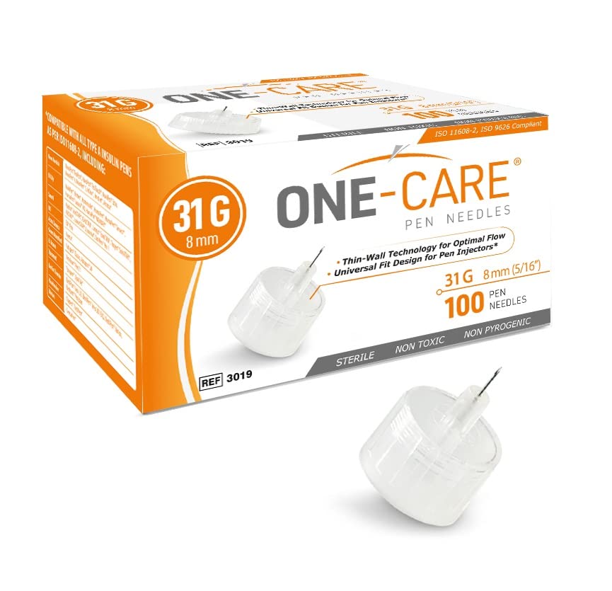 إبر قلم ONE-CARE 31G × 8 مم، علبة من 100، مقاس عالمي