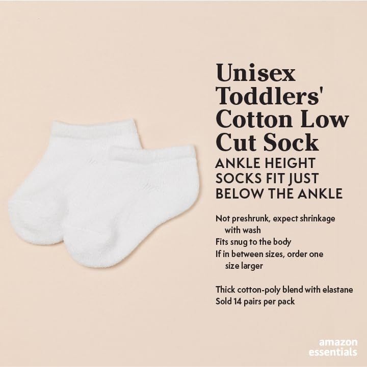 Amazon Essentials Unisex Toddlers' Cotton Low Cut Cushioned Sock, 14 Pairs, White/Grey, 4-5T
