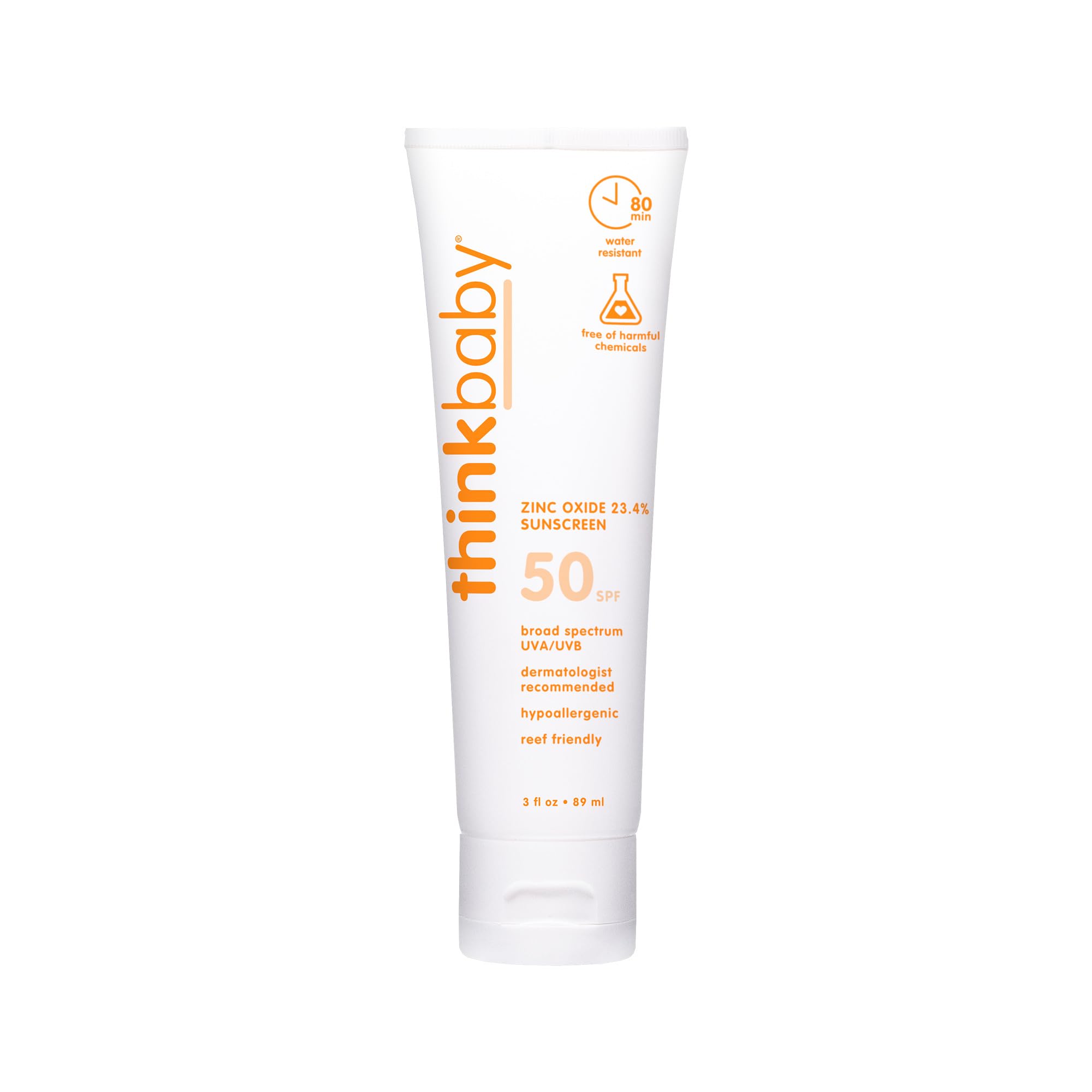 Thinkbaby SPF 50+ Baby Mineral Sunscreen – Safe, Natural Sunblock for Babies - Water Resistant Sun Cream – Broad Spectrum UVA/UVB Sun Protection – Vegan Baby Sunscreen Lotion, 3 Oz.
