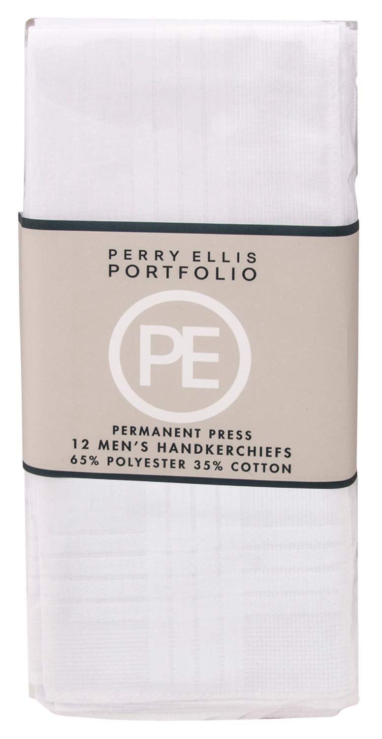 Perry Ellis 12 Pack Handkerchief (Permanent Press White with Satin Cord, 16" x 16")