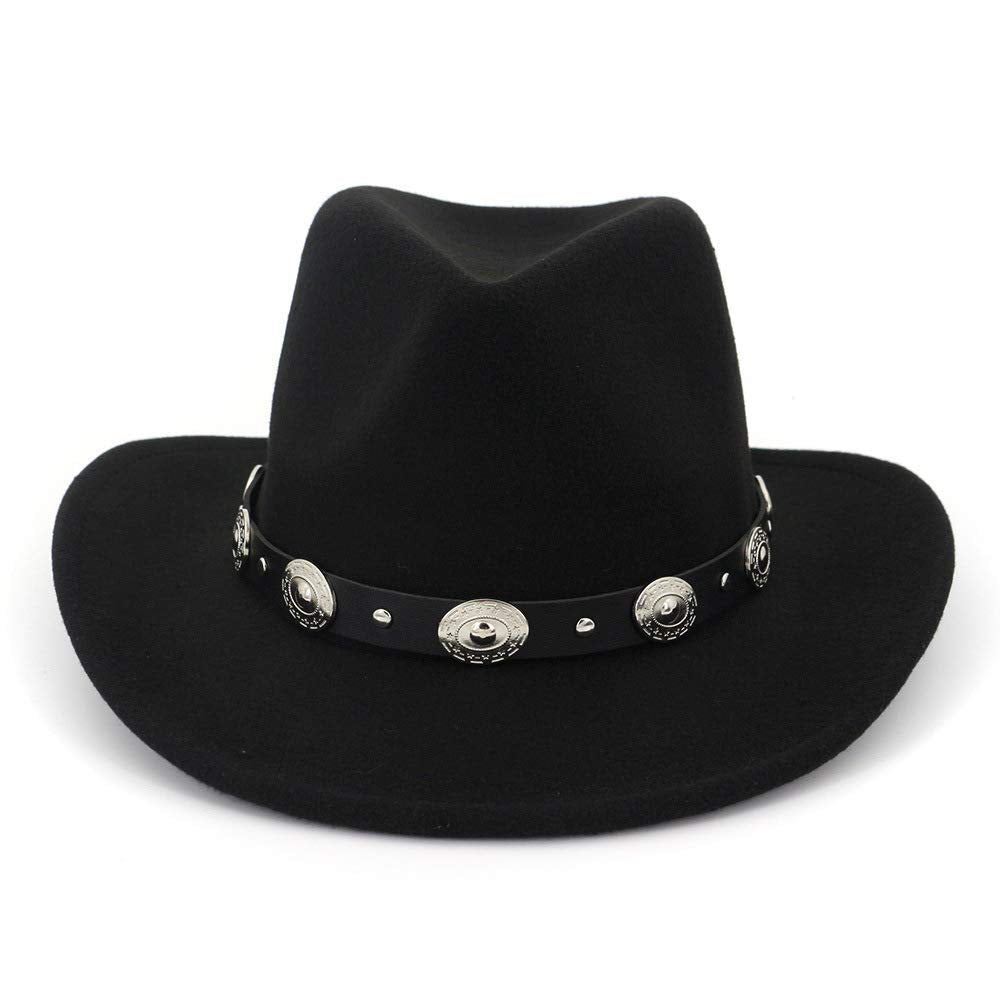Womens Western Cowboy Hats Studded Pinched Western Cowgirl Hats Wide Brim Fedoras Hat with Belt Buckle (Size:Medium) Black