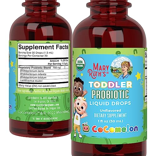 MaryRuth Organics Cocomelon Toddler Probiotic Liquid Drops | Kids Probiotics for Ages 1-3 | 5 Probiotic Strains | 150 Billion CFU Per Serving | USDA Organic | Sugar Free | Gluten Free | 1 Fl Oz