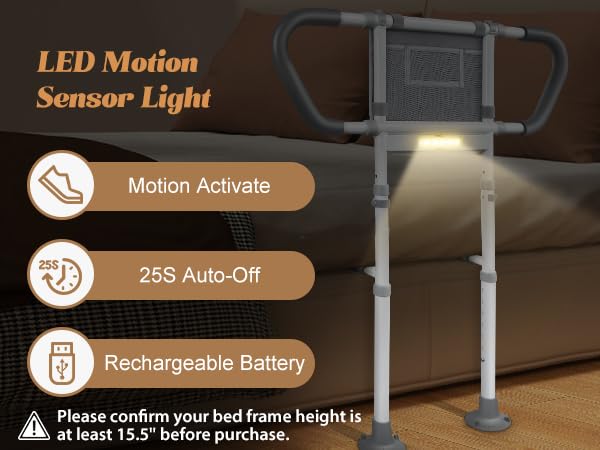 Bed Rails for Elderly Adults Safety: Adjustable Bedside Assist Rails with Storage Pockets, Non-Slip Handles, Sensor Night Light, 400LB Gravity Capacity (Compatible with Bed Frames 15.5" or Highe)