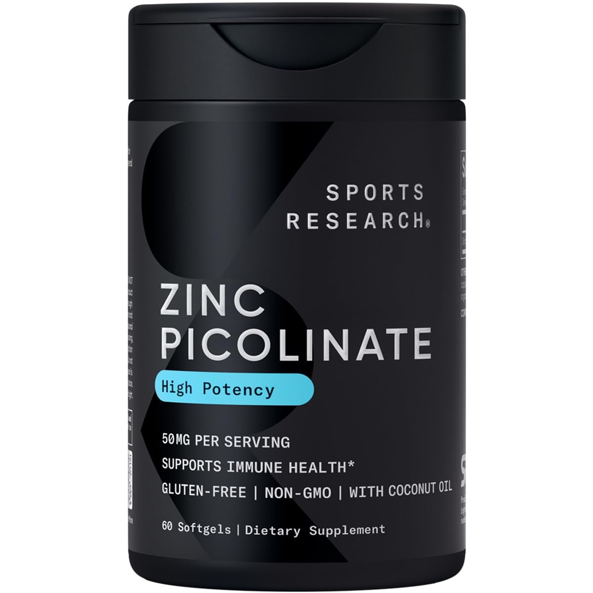 Sports Research Zink Picolinat 50 mg mit Bio-Kokosöl | Hochresorbierbares Zink-Nahrungsergänzungsmittel für ein gesundes Immunsystem – Non-GMO-verifiziert, gluten- und sojafrei (60 flüssige Softgels)