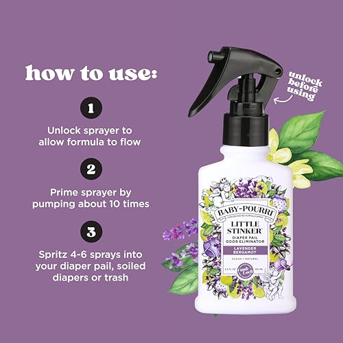 Baby-Pourri Little Stinker Diaper Pail Deodorizer Spray, 3.4 Fl Oz, Up to 150 Uses, Odor Freshener with Essential Oils, Nursery Essentials, Lavender, Bergamot, Eucalyptus & Vanilla Scent