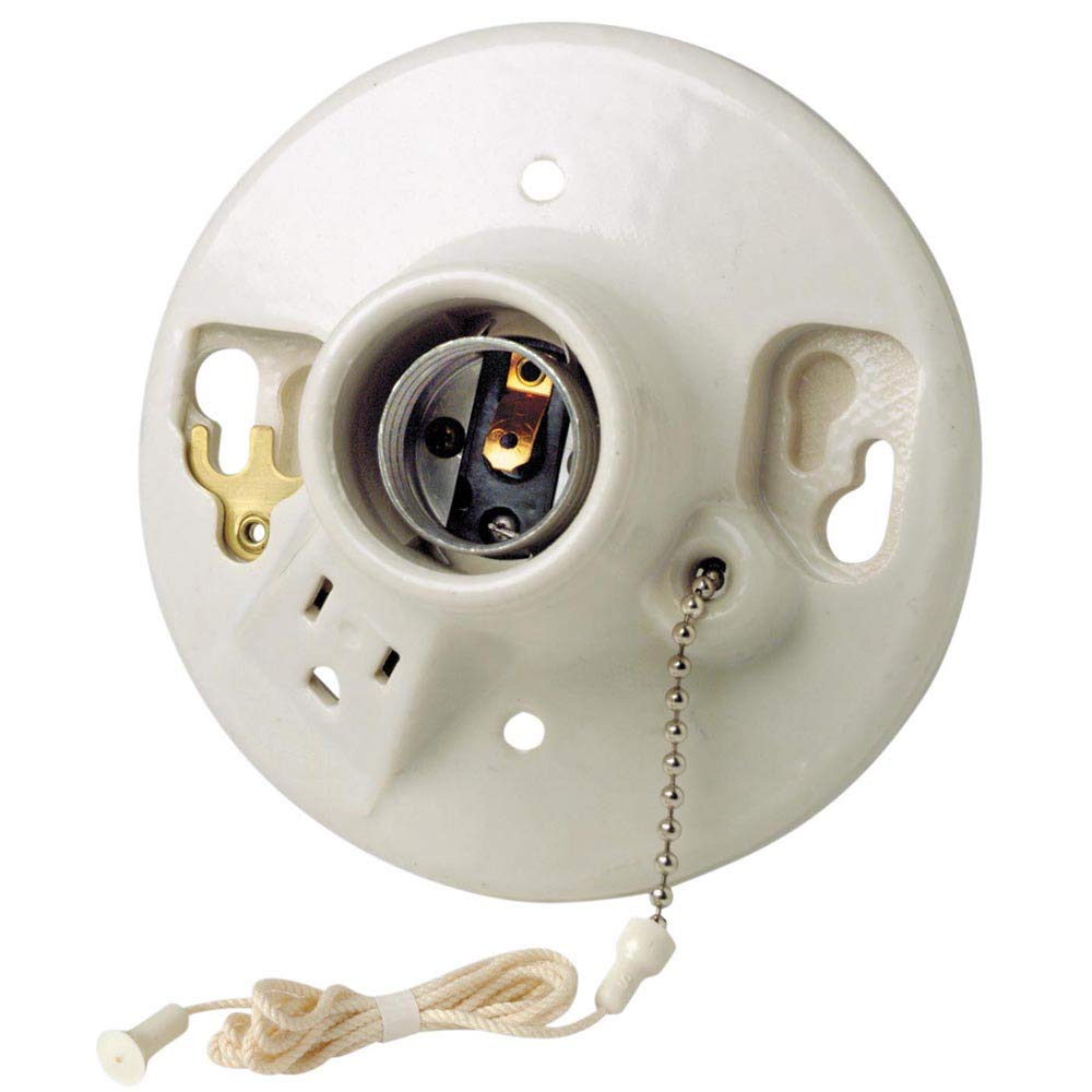 Leviton One-Piece Glazed Porcelain Outlet Box Mount, Incandescent Lampholder, Pull Chain, Top Wired, 9726-C, White