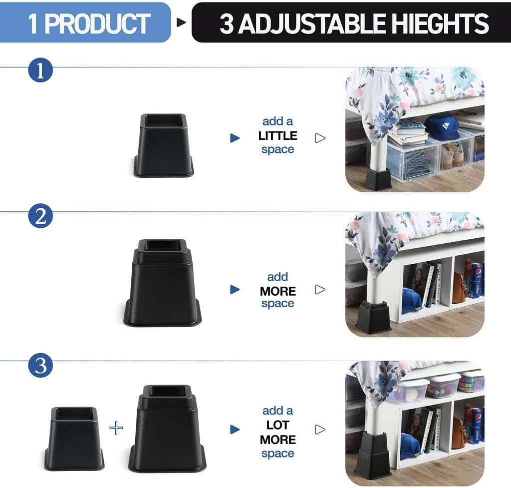 Home It Adjustable Bed Risers - Elevation in 3, 5 or 8 Inch - Heavy Duty Stackable Furniture Risers Supports 1,300 lbs - for Under-Bed Storage, College Dorms, Table and Couch, 4 Pack Bed Lifts Black
