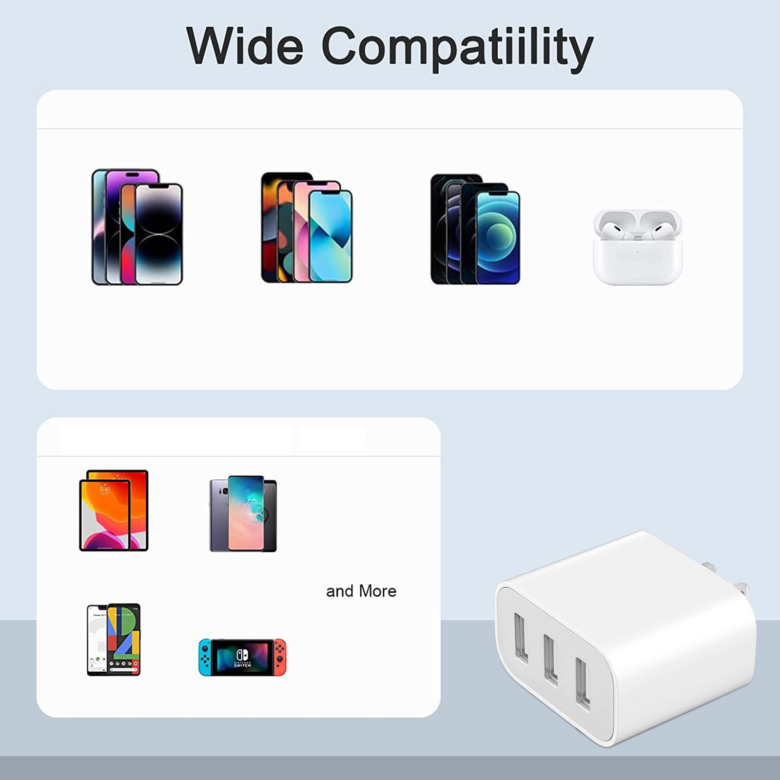 XIANGHONGYIAN 3-Port USB Wall Charger, 3 Pack Compatible with iPhone 14/13/12/11 Pro Max, Mini, SE, XR, XS MAX, XS, X, 8 Plus, iPad Pro, Air, Mini, Samsung Galaxy S5 S6 S7 Edge, LG, Android and More