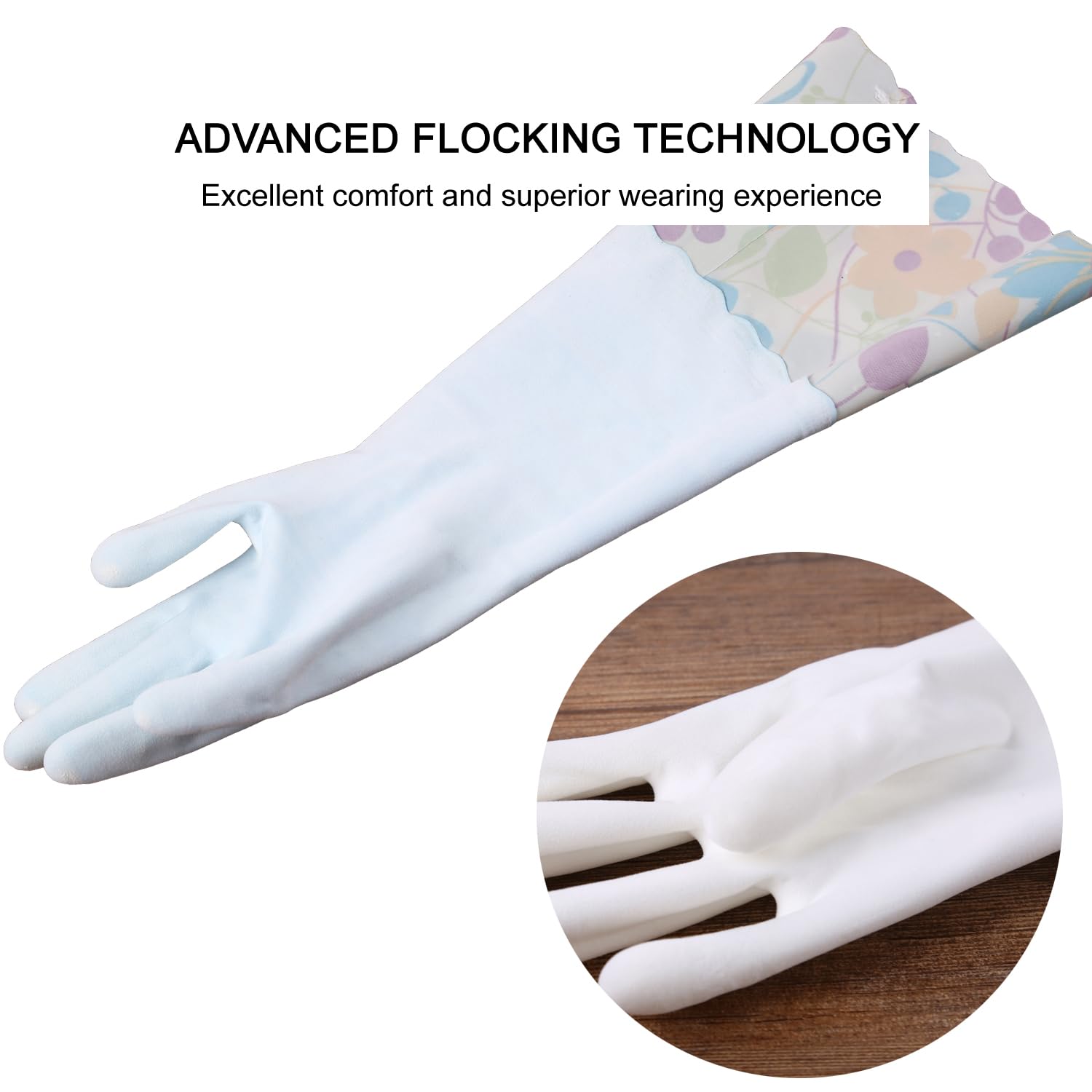 Bamllum 3 Pairs Rubber Cleaning Gloves, Household Kitchen Dishwashing Gloves with Cotton Flocked Liner, Long Cuff 16 Inches, Reusable, Non-Slip (Medium, Blue+Pink+White)