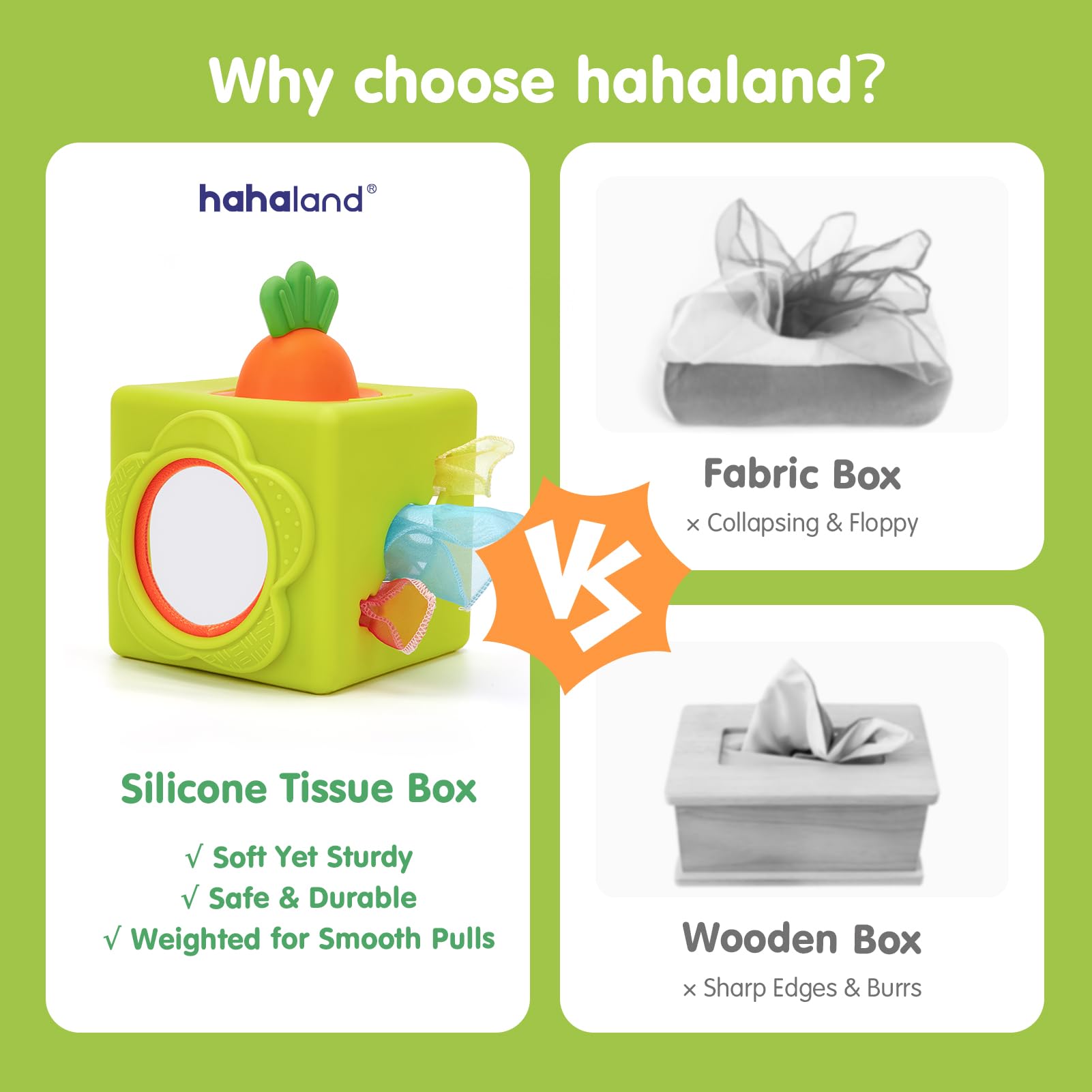 hahaland Baby Tissue Box Toy - Silicone Baby Toys 6-12 Months Montessori Toys for 6 Month Old, 6-in-1 Soft Busy Activity Cube with Scarves, Crinkle, Textures, Mirror, Sensory Popper, Stocking Stuffers