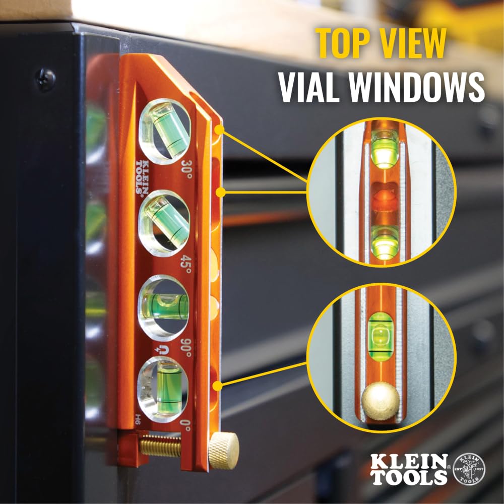 Klein Tools 935AB4V Level, 6-Inch Magnetic Torpedo and Conduit Level with 0/30/45/90 Degree Vials, V-Groove and Magnet Track, High Visibility Orange