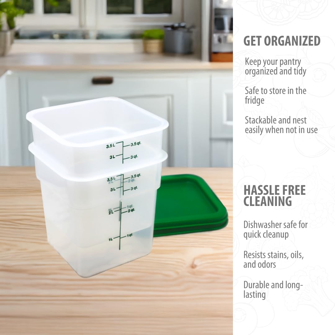 Cambro Food Storage Container with Lid (Microwave Safe and BPA-Free) - 2 Pack - Classic Series Square with Green Lid - 4 QT (Quart) - Commercial Grade for Food Prep (Translucent)