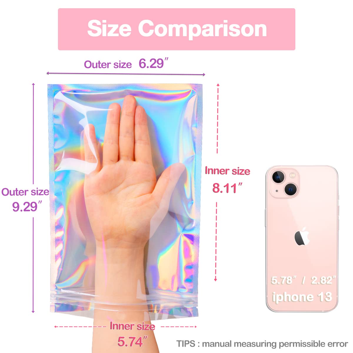 Trunple Smell Proof Bags & Resealable Foil Pouch Mylar Sample Bag Great for Party Favor Food Storage (Holographic Color) (50pcs-6x9 inch)