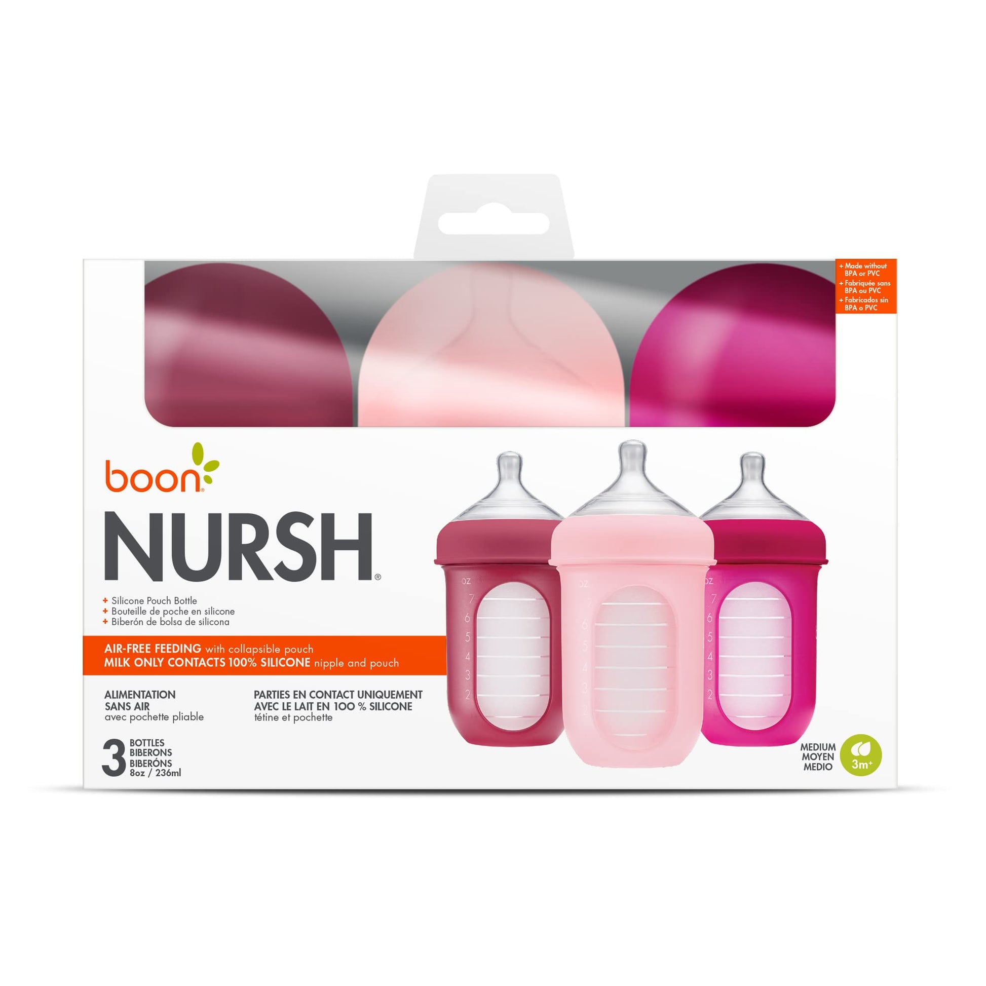 Boon Nursh Reusable Silicone Pouch Baby Bottles - Medium Flow Nipple - Silicone Baby Bottle Pouch and Nipple - Baby Feeding Essentials - Pink - 3-6 Months - 3 Count - 8 Ounce