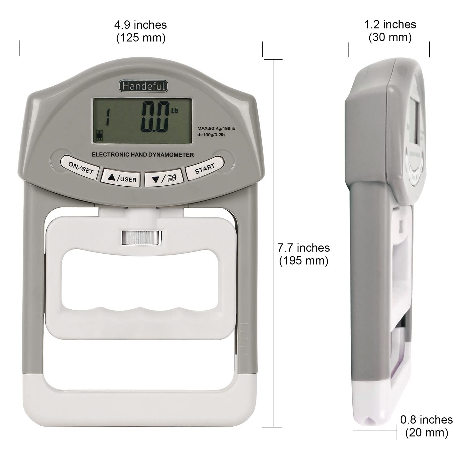 Handeful Grip Strength Tester - Dynamometer Handgrip Measurer Meter, Handheld Strengthener Exerciser for Sports, School, and Home Use (198Lbs / 90Kgs)