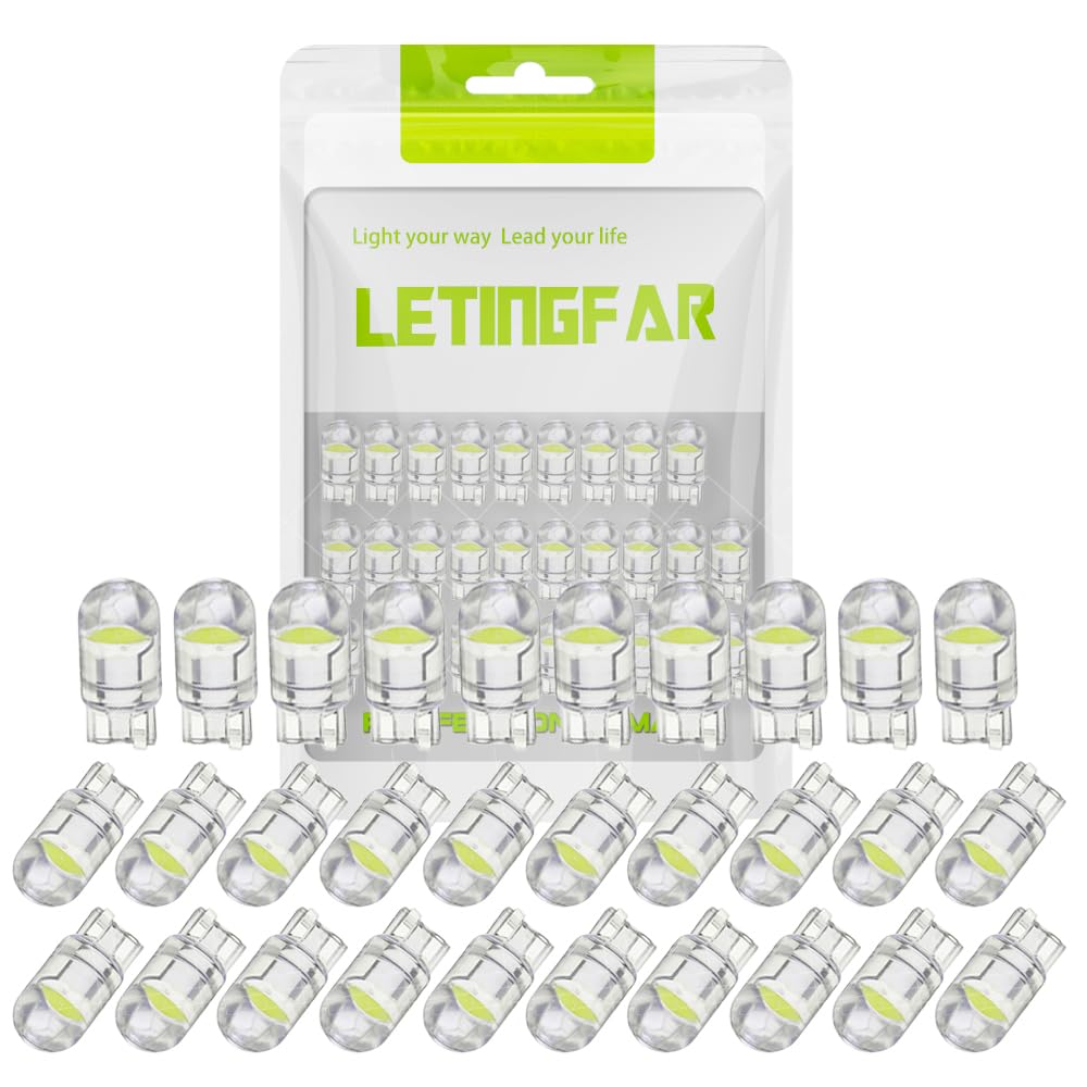 LETINGFAR 194 LED Light Bulb White 6000K Pack of 30, 168 2825 W5W T10 Wedge COB Bulbs Error Free for Car Dome Map Door Courtesy License Plate