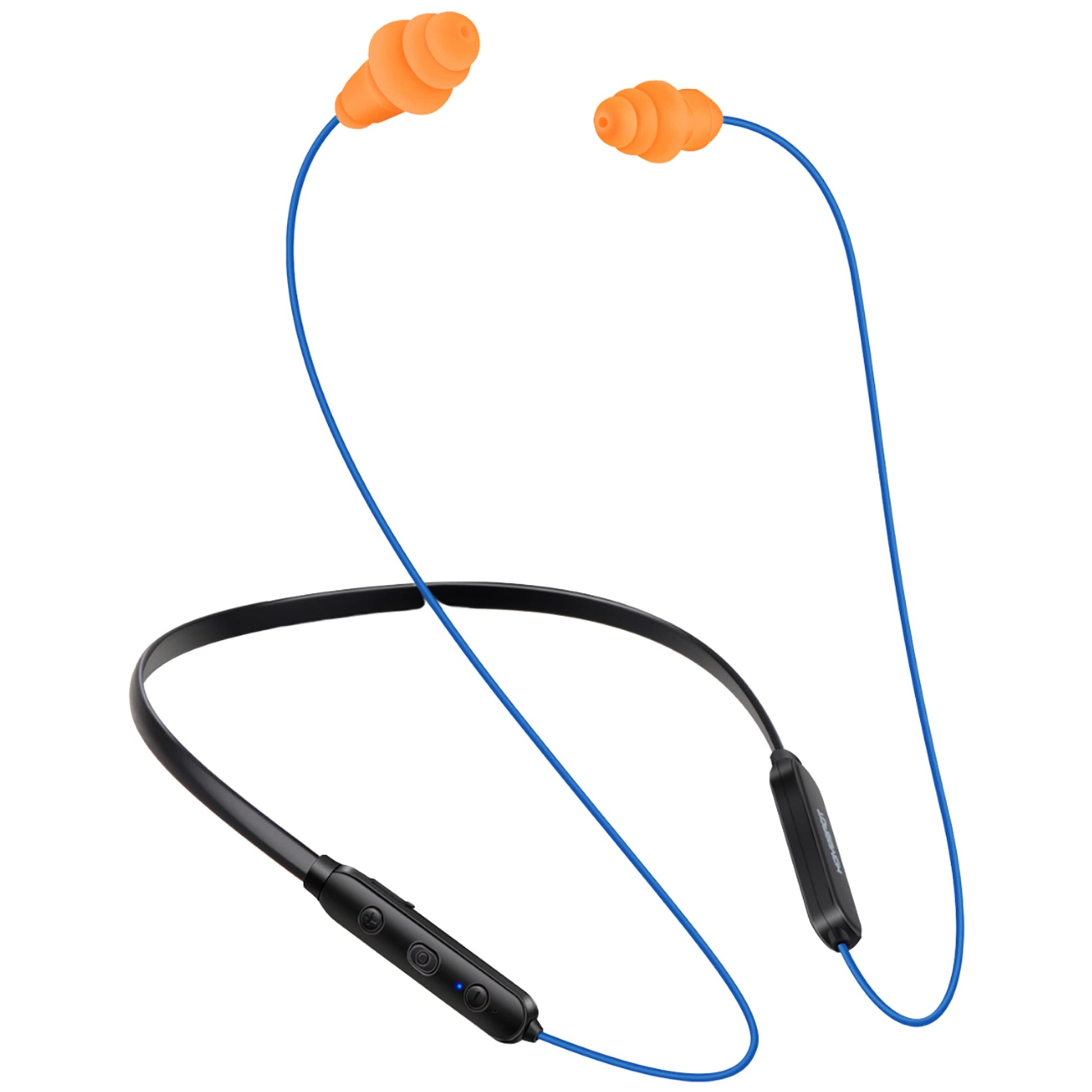 HomeSpot Noise Reduction Wireless Neckband Headphones with Qualcomm aptX HD, 27dB NRR, CVC Noise Cancelling Mic & Controls and 20H Playtime for Work Safety OSHA Compliant - Blue Wire Orange Earbuds
