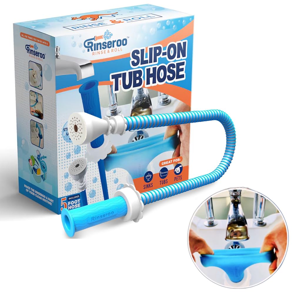 Rinseroo: Slip-On Tub Hose – As Seen on Shark Tank – 5ft Flex Bathtub Faucet Sprayer – Easy Rinse for Pets, Hair & Cleaning – No Installation Needed – Fits Faucets Up to 3” Wide – Mess-Free & Portable