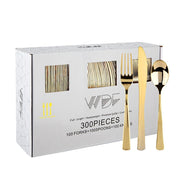 WDF300 Pieces Gold Plastic Silverware - Heavy Duty Disposable Cutlery Set Plastic Gold Silverware Set Includes 100 Forks, 100 Spoons, 100 Knives for Party