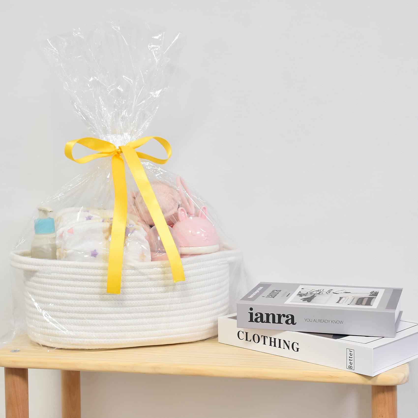 ABenkle Small Basket with Gift Bags and Ribbons, Empty Gift Baskets, Decorative Boho Rope Woven Nursery Storage Organizer Toy Baskets with Handle for Baby Showers, 12"X 8" X 5"