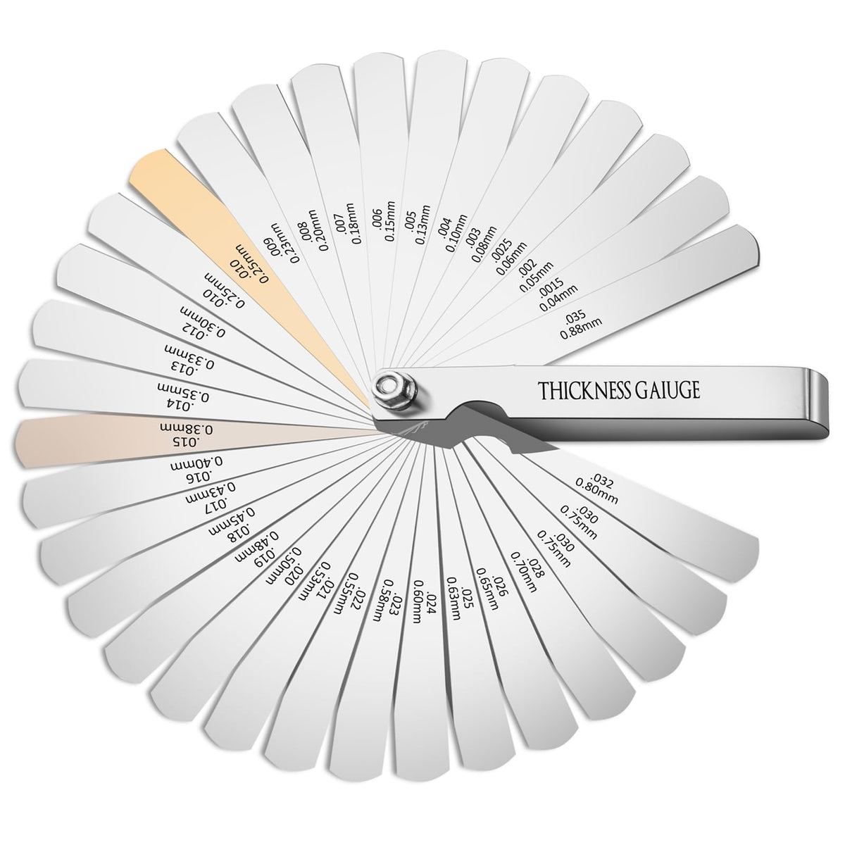 CHERALKEST Feeler Gauge Set Stainless Steel Thickness Gauge 32 Blades 0.04-0.88 mm (0.0015-0.035 Inch) Dual Marked Metric and Imperial Measuring Tools for Measuring Gap Widths and Thicknesses