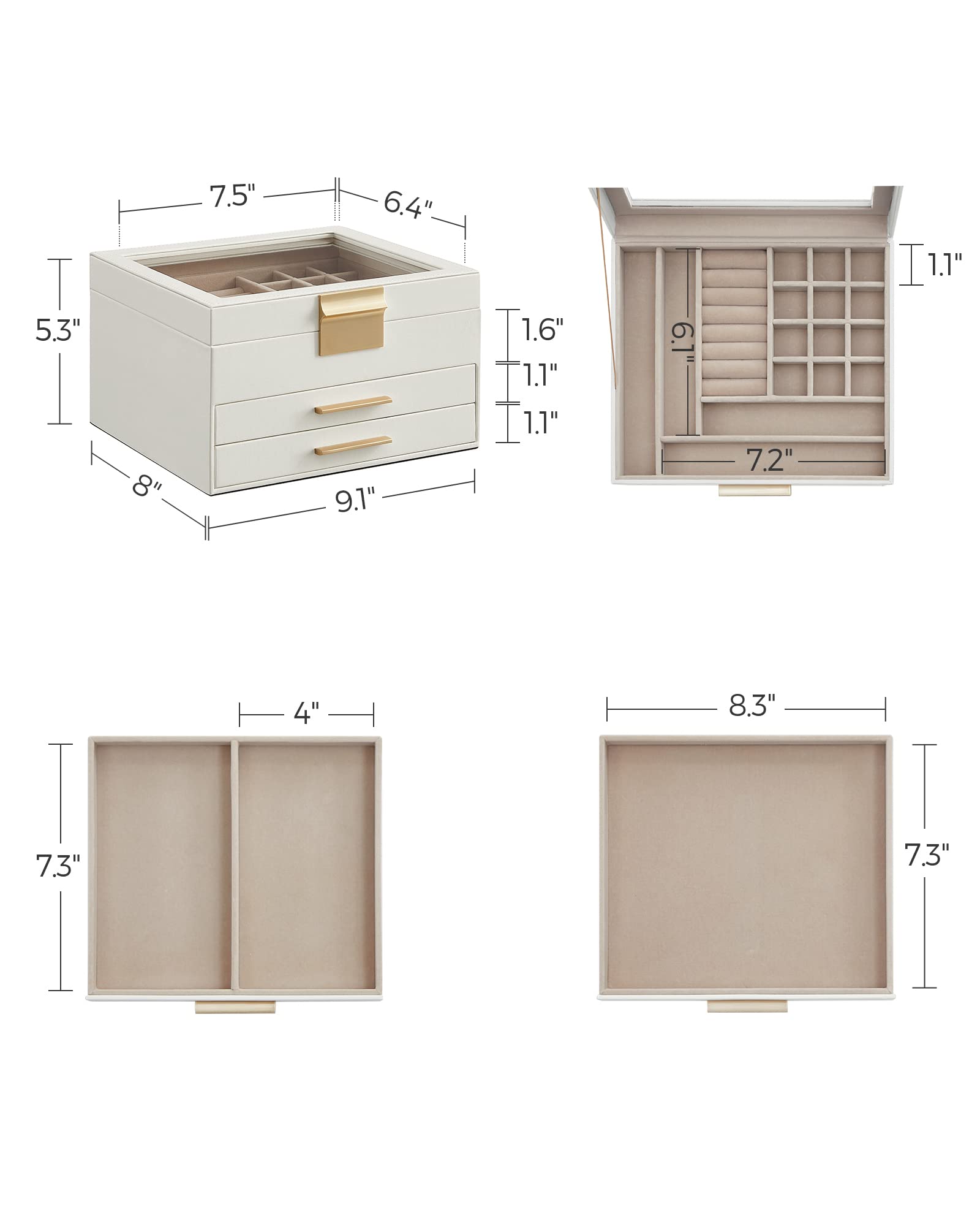 SONGMICS Jewelry Box Organizer with Glass Lid, 3-Layer Jewelry Storage, with 2 Drawers, Modern Style, 8 x 9.1 x 5.3 Inches, Cloud White and Gold Color UJBC239WT