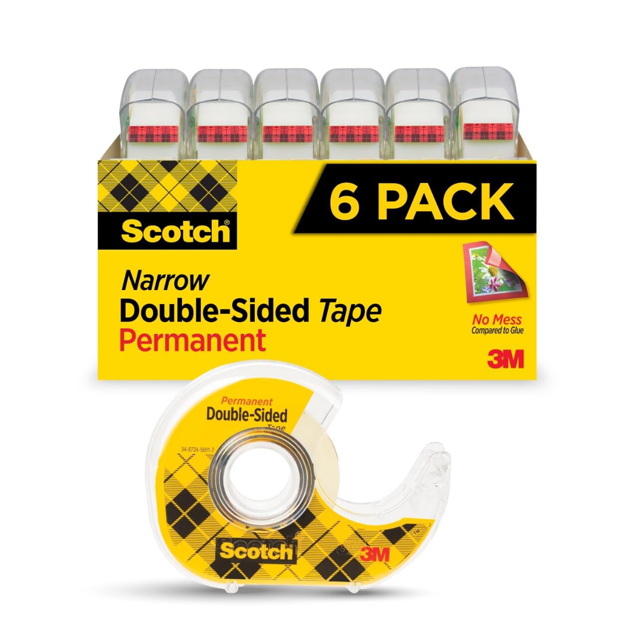 Scotch doppelseitiges Klebeband, Schulanfangszubehör, unverzichtbar für Scrapbooking, Kartenbasteln und Kunsthandwerksprojekte für den Kunstunterricht, 12,7 mm x 12,7 m, 6 Klebebandrollen mit Abroller