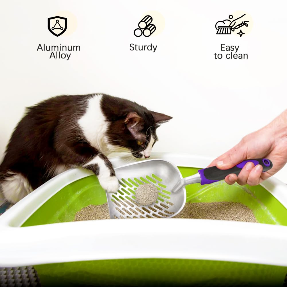 Apidgrowth Cat Litter Scoop-Metal Cat Scooper-Long Handle Scoop,Cat Scooper-Poop Sifting-Mesh Shovel-Suitable for Cat Litter Box (Purple)