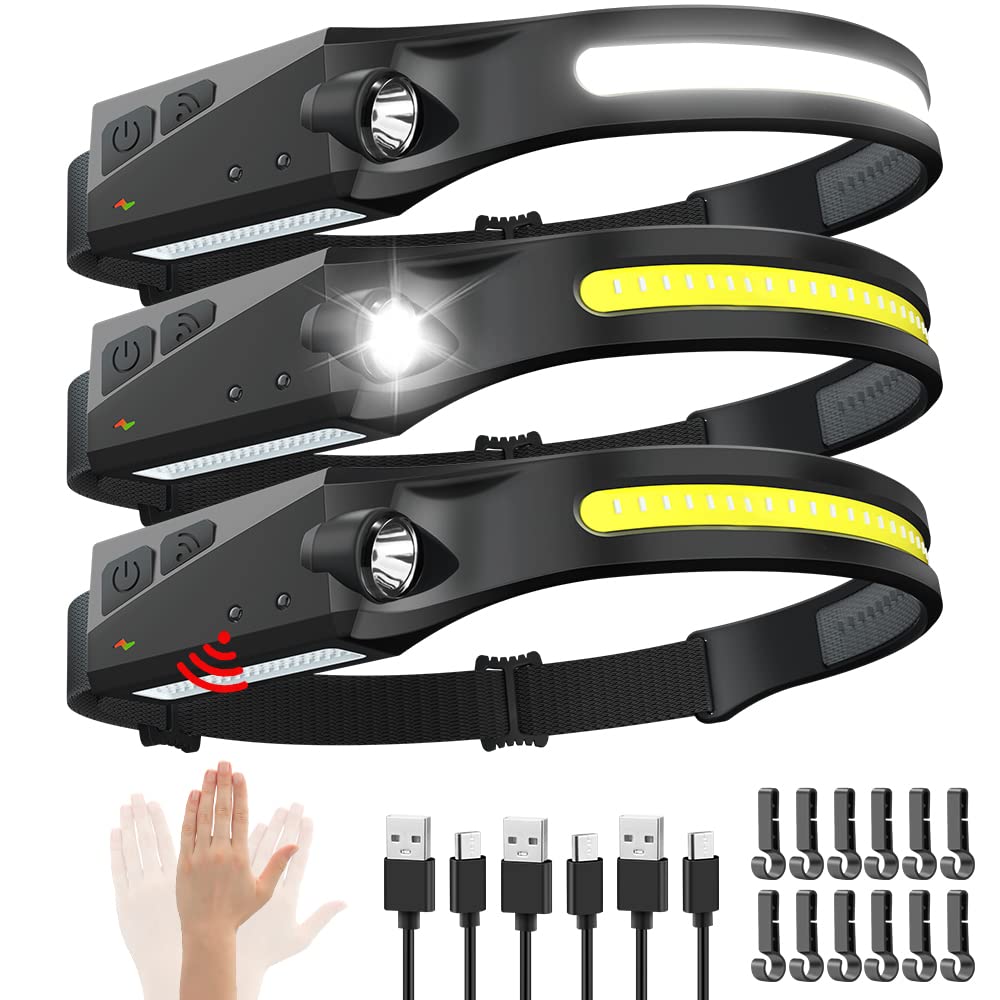 Wiederaufladbare Stirnlampe 3 Stück, 230 Grad breiter Abstrahlwinkel, Bewegungssensor LED Stirnlampe wiederaufladbar, 5-Modus helle Stirnlampen für Erwachsene, Stirnlampen für die Stirn, Schutzhelm-Stirnlampe, Camping-Grundausstattung