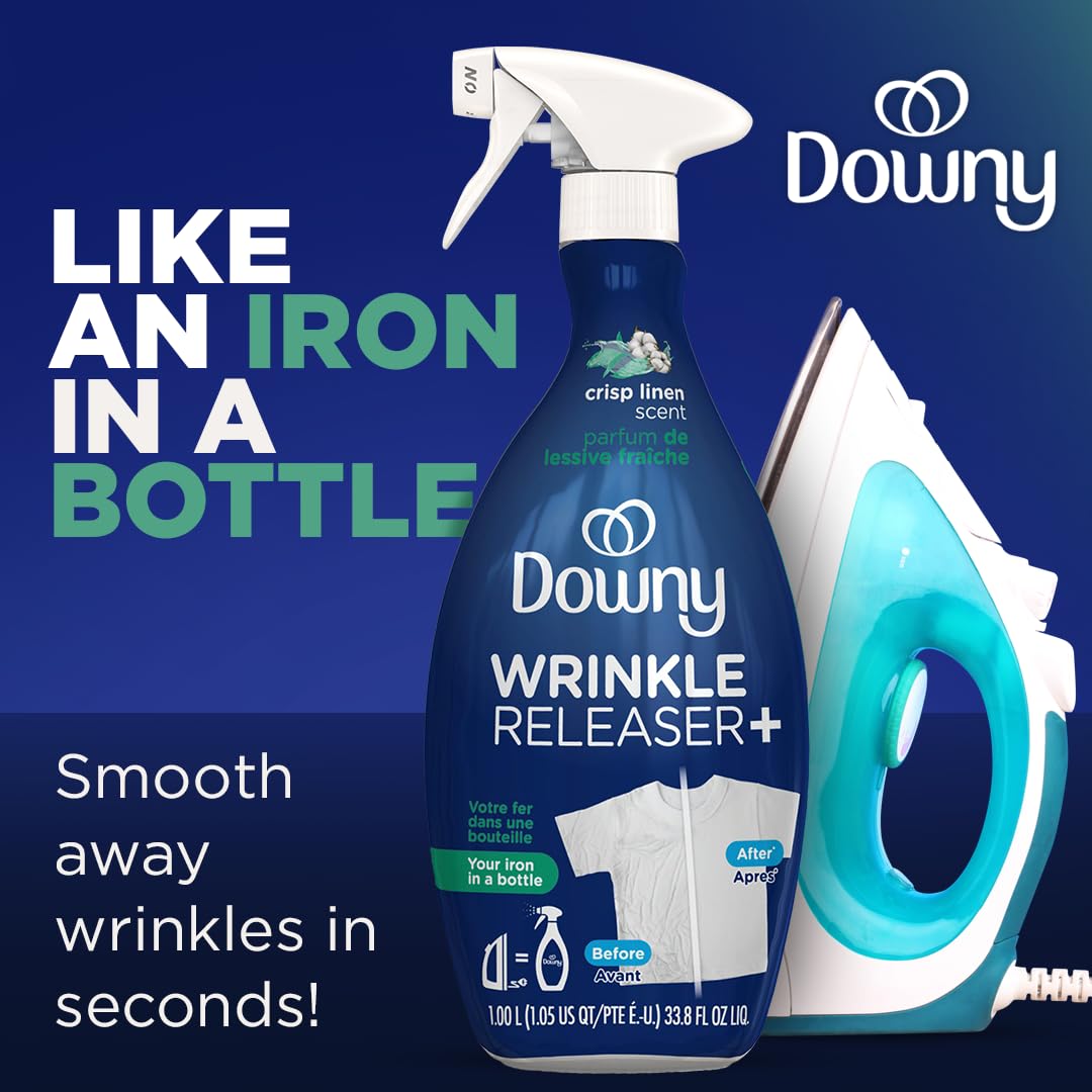 Downy Wrinkle Releaser Spray | All In One Wrinkle Release Spray, Odor Eliminator, Static Remover | Fabric Refresher & Ironing Aid for Clothes | 16.9 Fl Oz (Pack of 2) & 3 FL Oz, Crisp Linen Scent