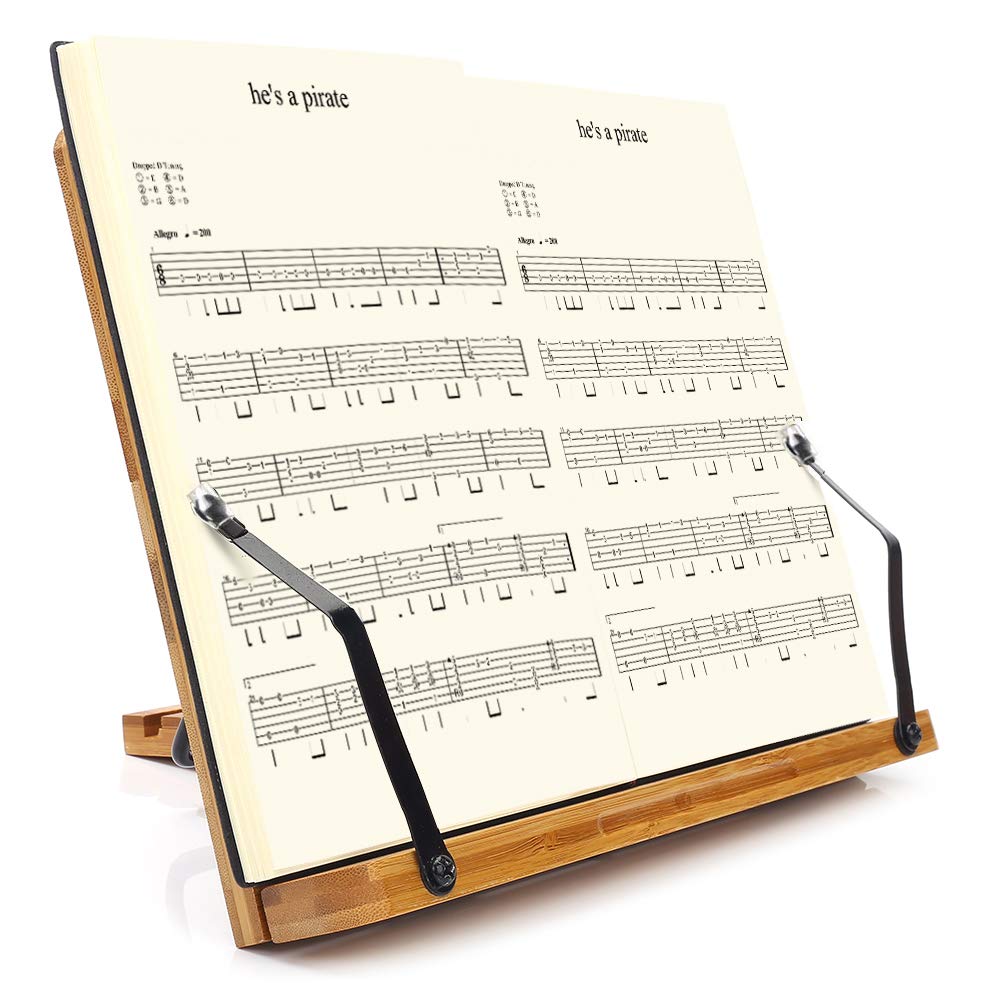 wishacc Bamboo Book Stand, Adjustable Book Holder Tray and Page Paper Clips-Cookbook Reading Desk Portable Stable Hard-Wearing Lightweight Bookstand-Textbooks Books